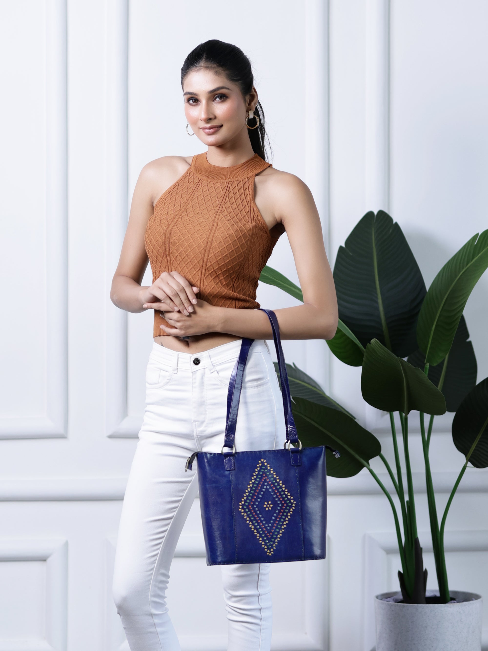 Solid Structure Blue Leather Mini Tote