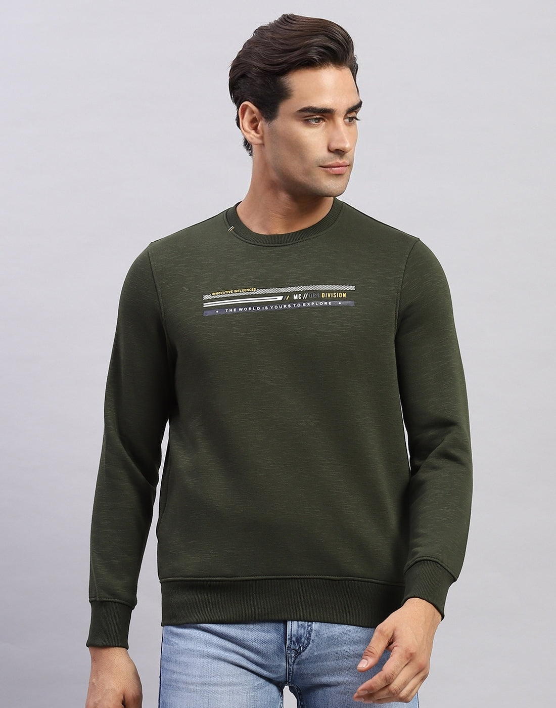 Men Olive Printed Round Neck Full Sleeve Sweatshirt