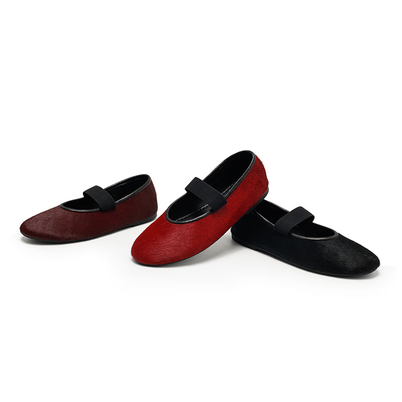 Elegant Round Toe Soft Leather Mary Jane Flats in Red/Black/Wine Red