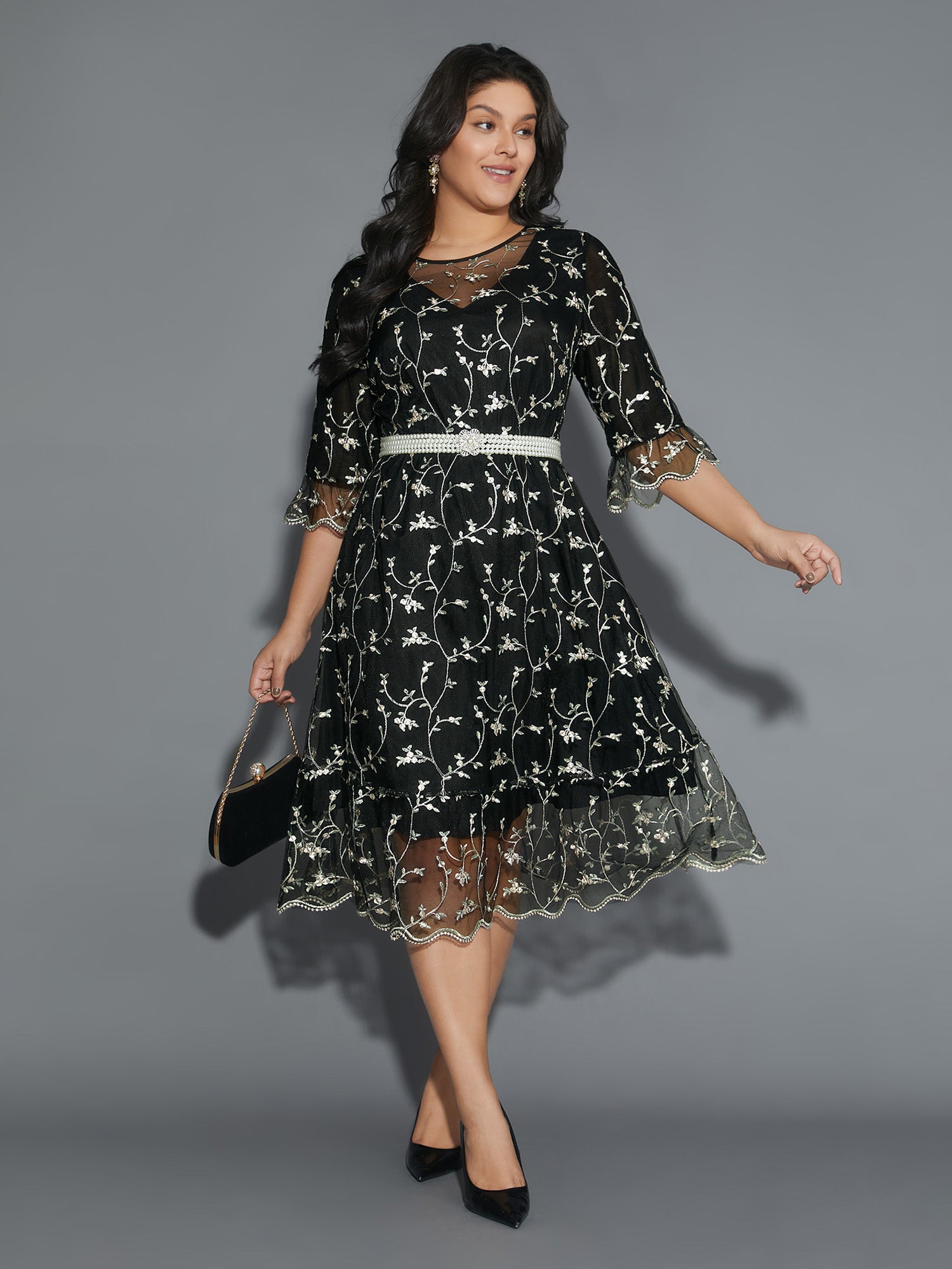 Floral Embroidered Ruffles Mesh Dress