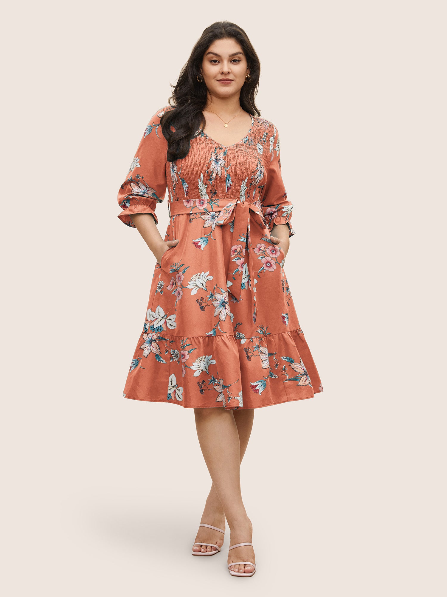Floral Print Shirred Front Ruffle Sleeve Dress