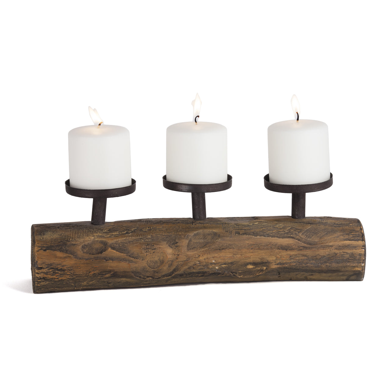 Triple Metal Candle Holder On Polyresin Log