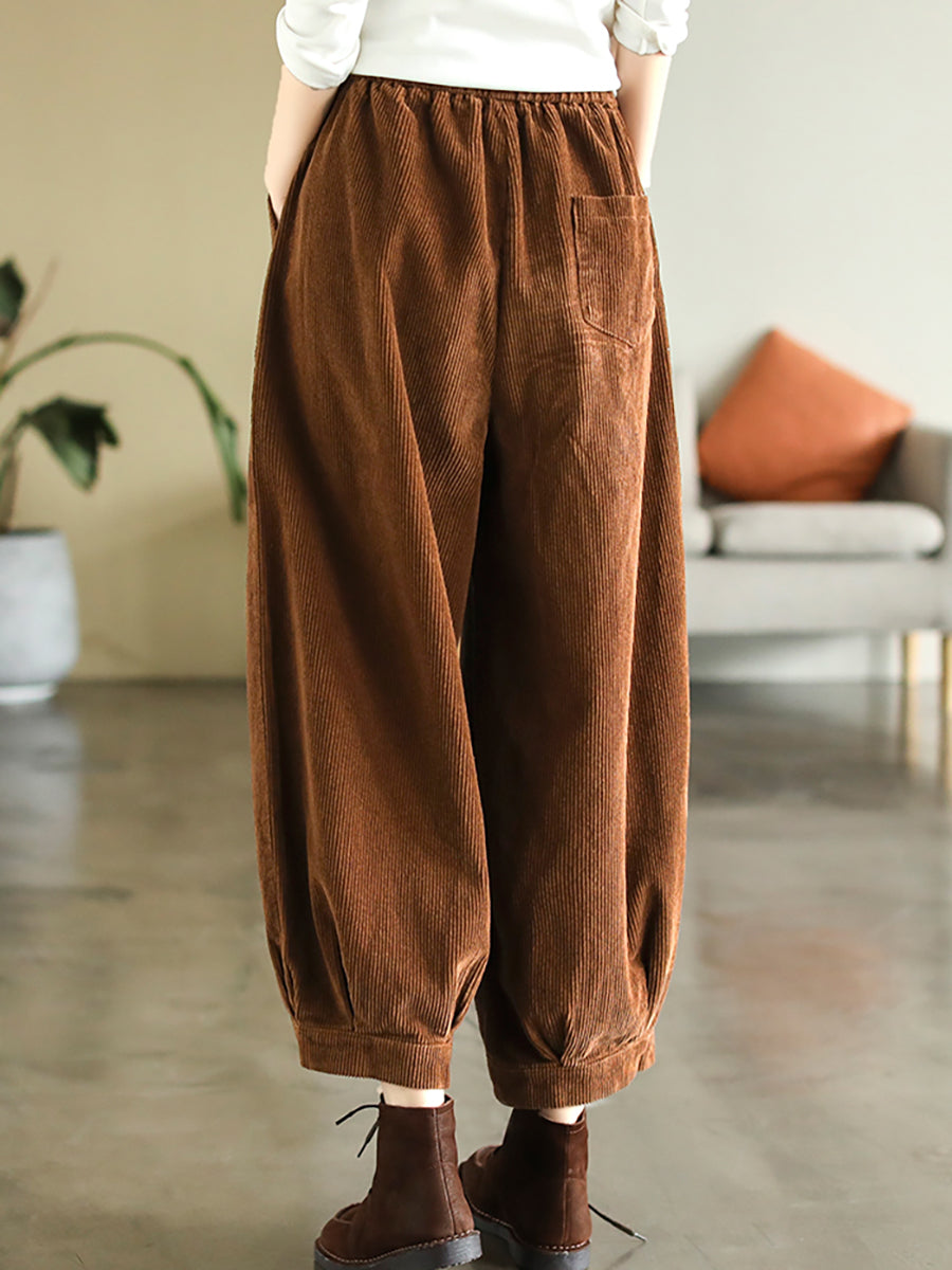 Plus Size Women Vintage Corduroy Pure Color Loose Harem Pants