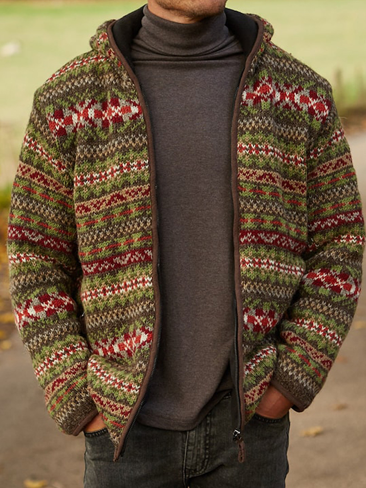 Mens Vintage Fair Isle Knitted Hooded Cardigan