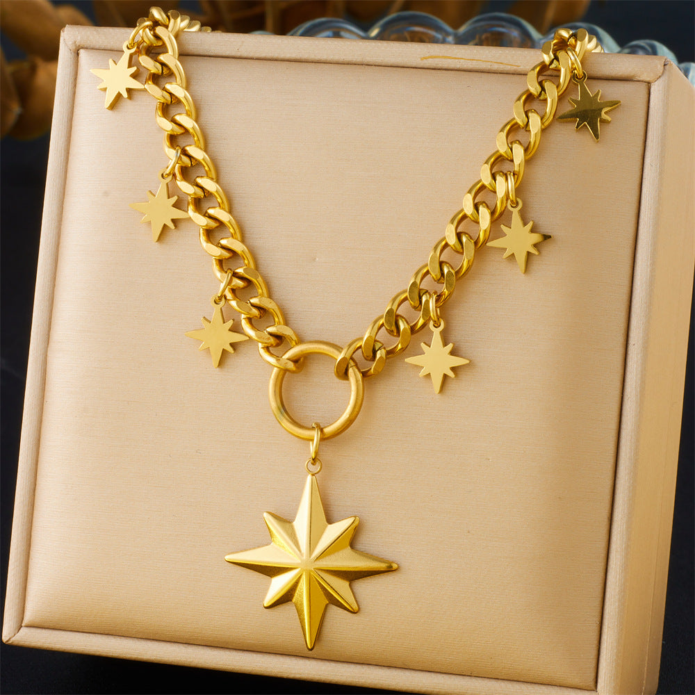Neutral Style Stainless Steel Thick Chain Necklace Star Diamond Wing Sun Pendant Sweater Chain