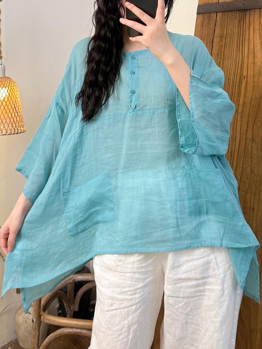 Women Summer Artsy Pure Color Ramie O-Neck Shirt