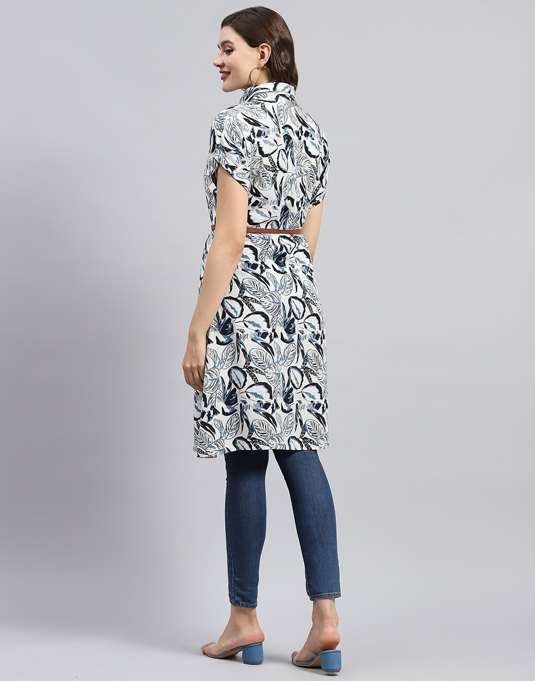 Women Navy Blue Printed Collar Half Sleeve Tunic