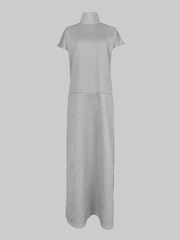 Loose Short Sleeves Solid Color Split-Joint High Neck Maxi Dresses