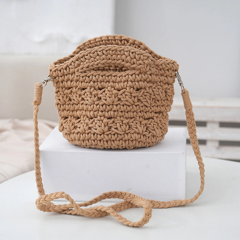 Women's Small Cotton Rope Solid Color Vacation Classic Style Weave Bucket Open Straw Bag