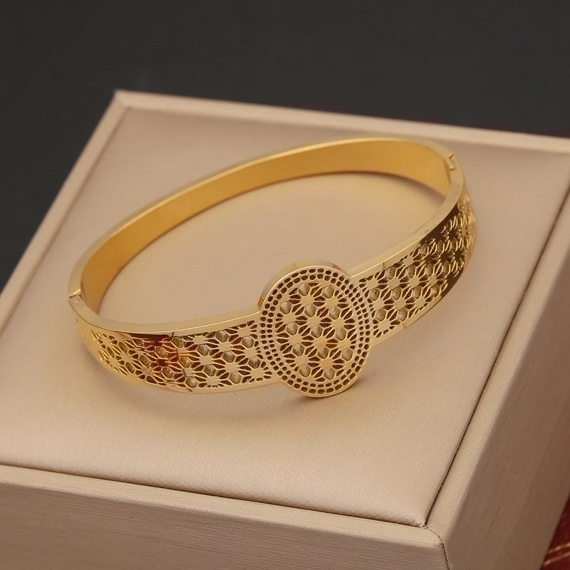 Casual Tree Leaves Eye Stainless Steel 18K Gold Plated Zircon Bangle In Bulk