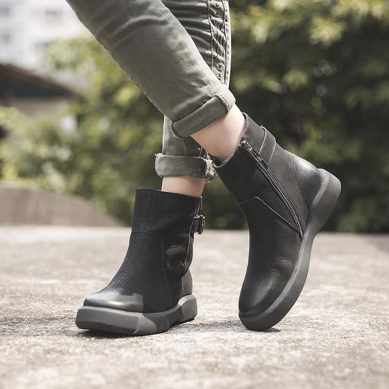 Waxing?Leather Ankle Boots Back Buckle Decorate Black/Coffee