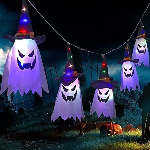 👻Glowing Ghost Witch Hat Halloween Decorations - Outdoor Hanging Lighted Decor