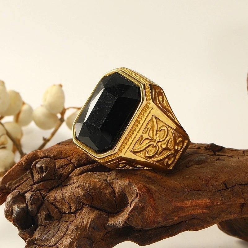 Retro Square Titanium Steel Plating Inlay Artificial Gemstones Rings