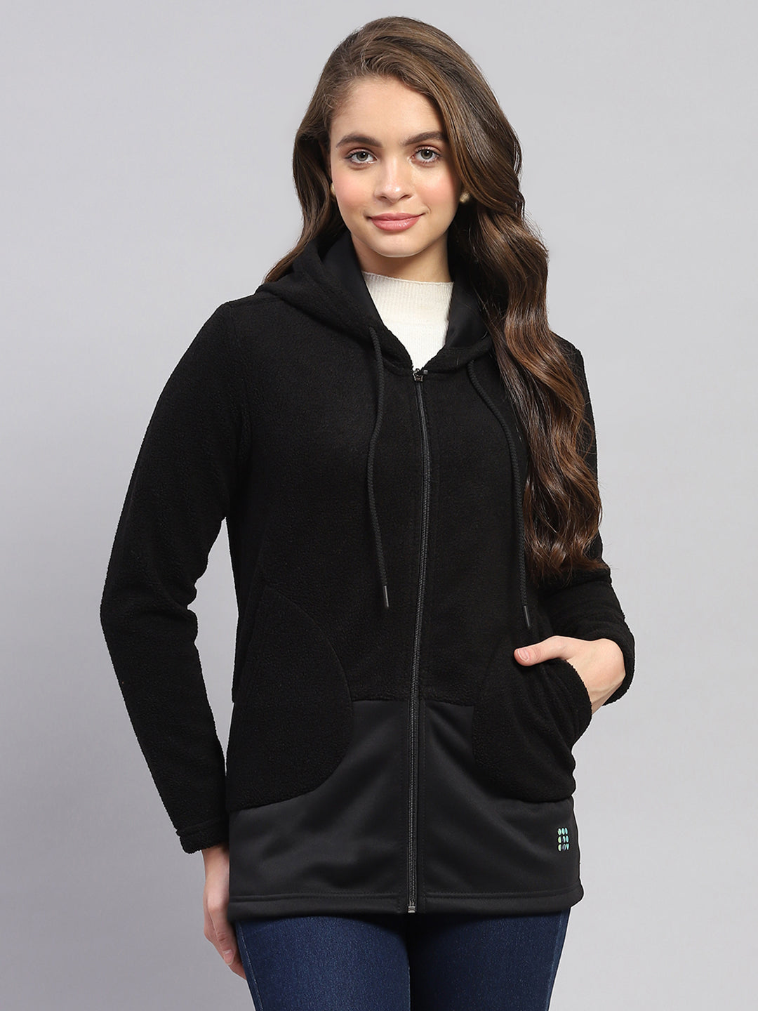 Women Black Solid Hooded Full Sleeve Sweatshirt