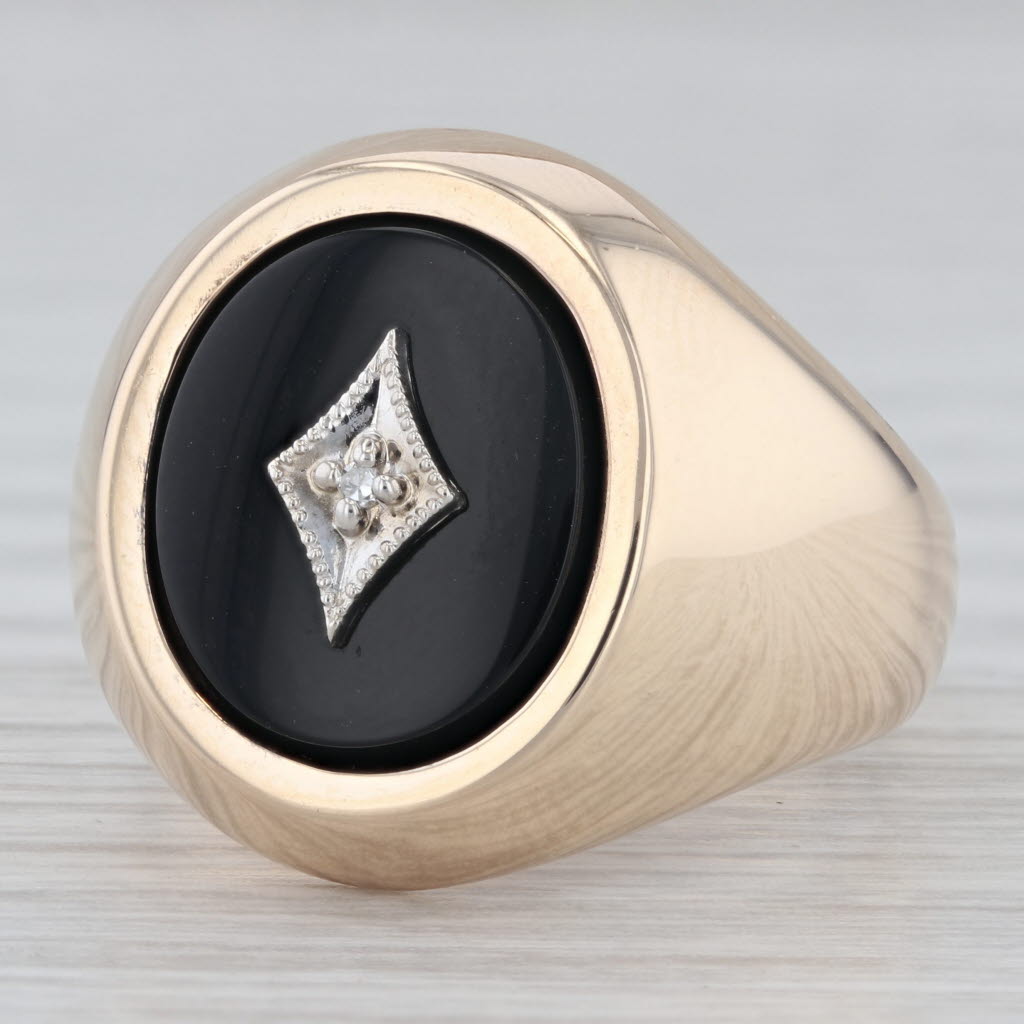 Diamond Onyx Signet Ring 10k Yellow Gold Men's Vintage Size 10