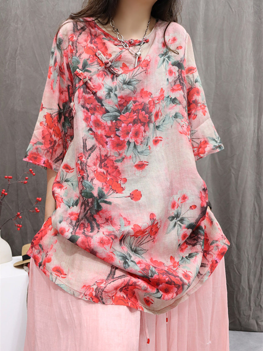 Women Summer Retro Flower O-Neck 100%Ramie Shirt