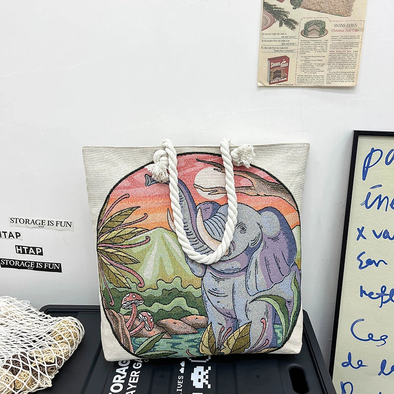 Women's Medium Canvas Elephant Ethnic Style Classic Style Square Zipper Tote Bag