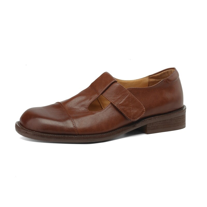 Vintage Leather T-strap Mary Jane Shoes For Women Round Toe in Coffee/Brown