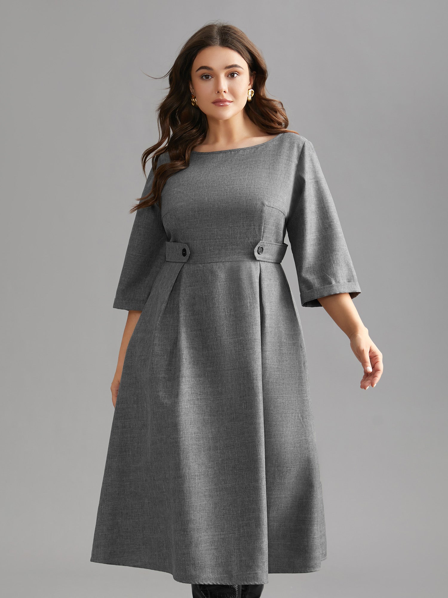 Buckled Waist Loops Pleated Midi Dress