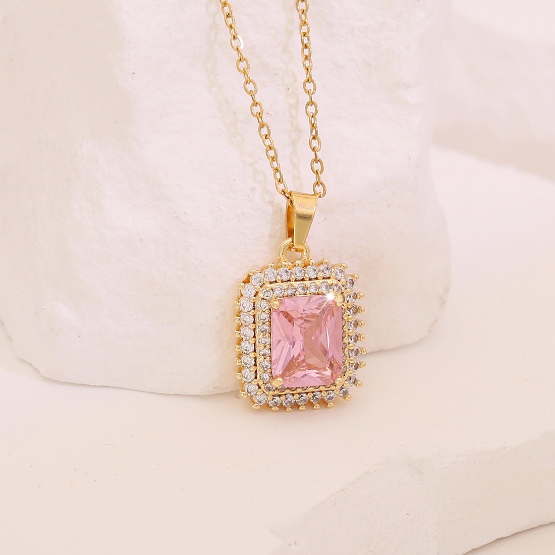Pink Zirconium Flower Pendant Leaf Geometric Square Clavicle Chain Niche N1487