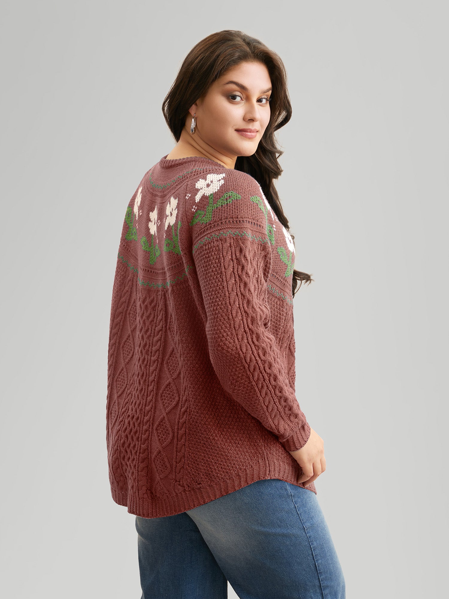 Floral Jacquard Raglan Sleeve Pullover