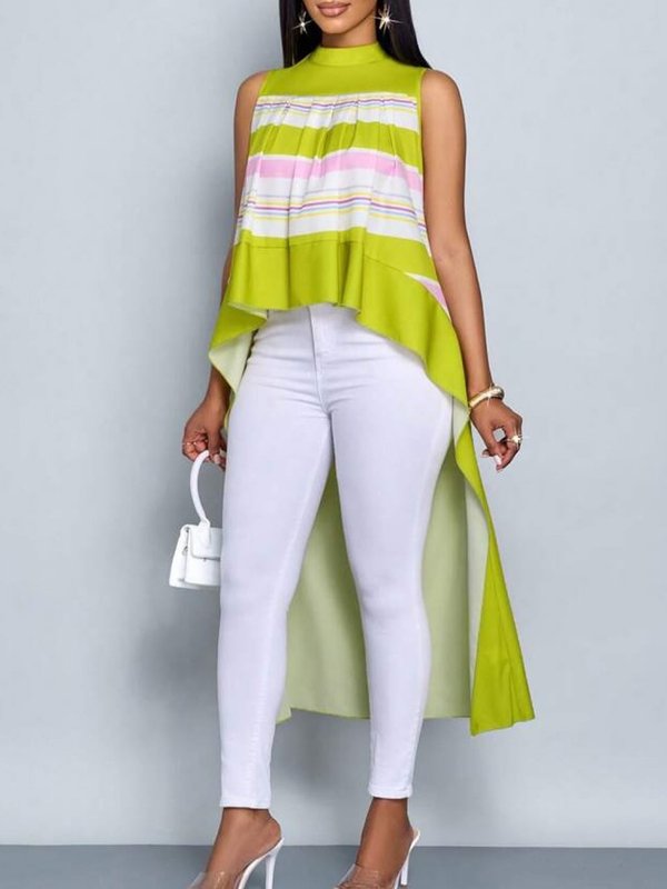 High-Low Loose Contrast Color Pleated Mock Neck Vest Top