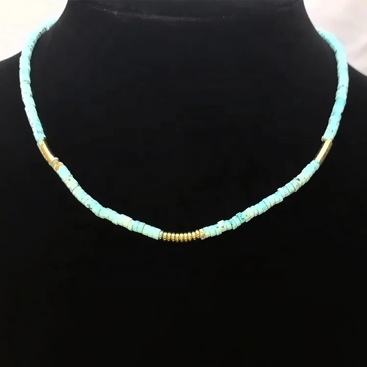 18K Gold Plated Stainless Steel Jewelry Natural Blue Turquoise Stone Accessories Necklaces P213249