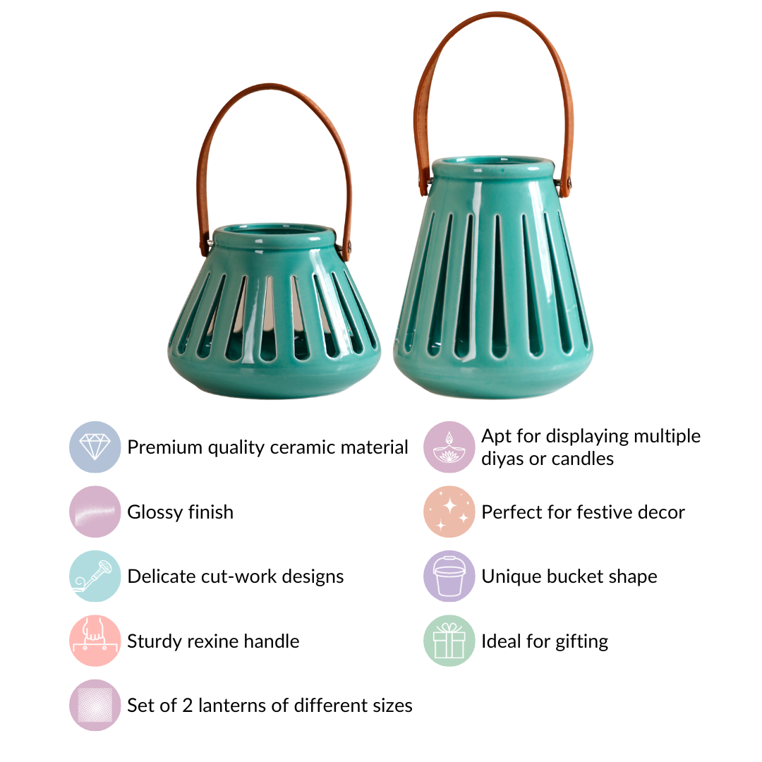 Teal Decorative Ceramic Lantern Set of 2