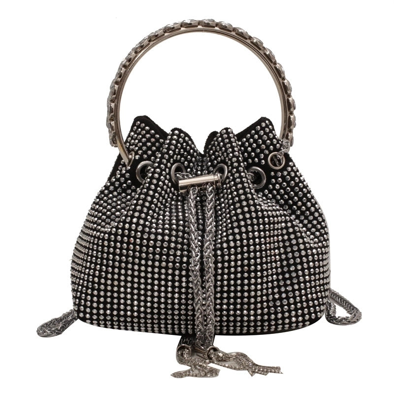 Women's Pu Leather Solid Color Fashion Rhinestone Tassel Bucket String Handbag Crossbody Bag