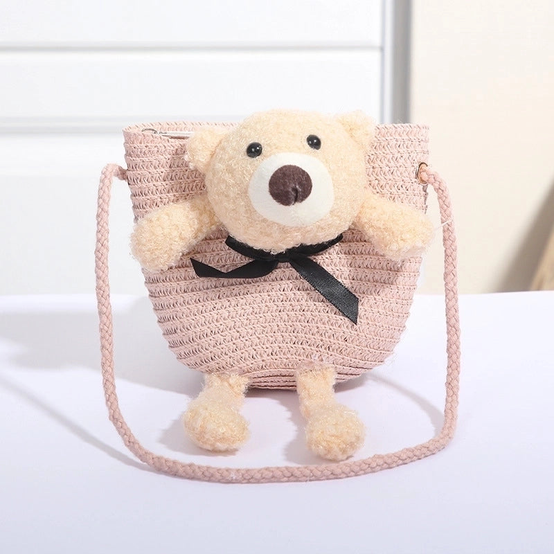 Women's Mini Straw Flower Bow Knot Fashion Bucket Zipper Shoulder Bag Handbag Crossbody Bag
