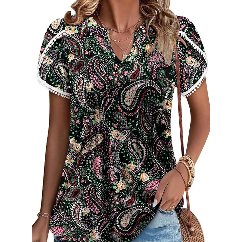 🌷Women's Cute Fringe Cuff Short-Sleeve Printed Tops