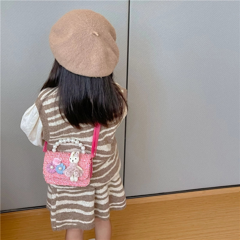 New Girl Bag Pearl Style Portable Trendy Bag Woolen Flower Fashion Girl Princess Crossbody Bag