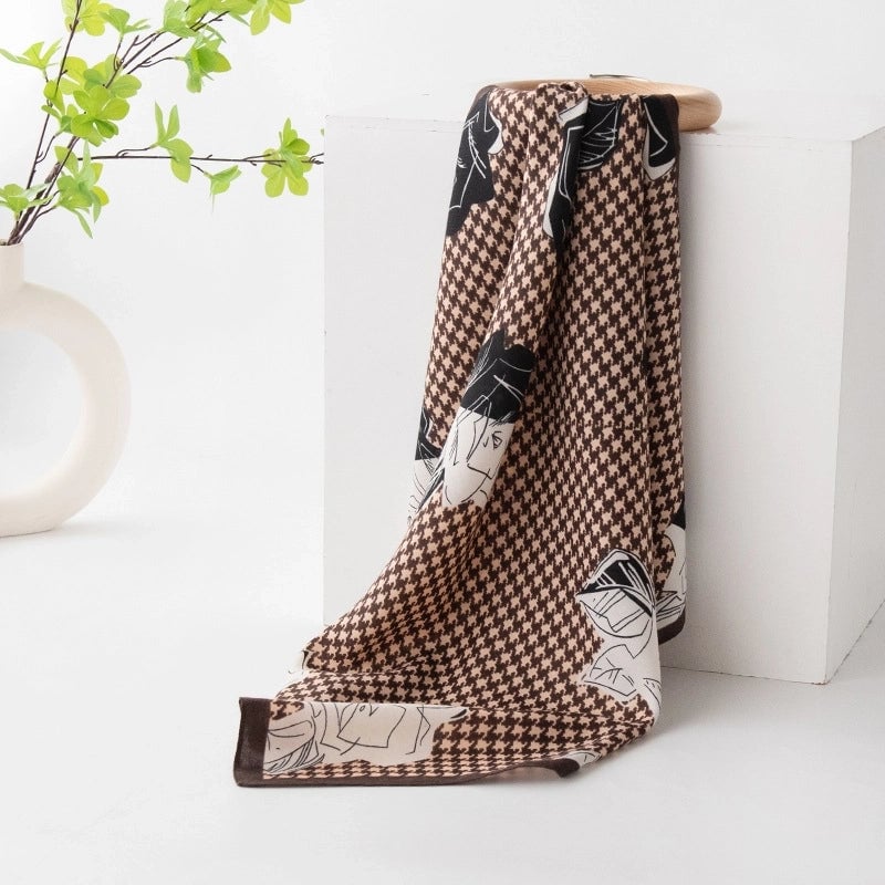 Women's Retro Plaid Flower Satin Silk Scarf
