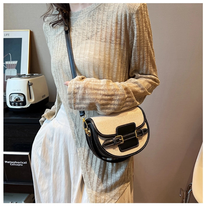 Women's Small Pu Leather Color Block Streetwear Square Magnetic Buckle Saddle Bag