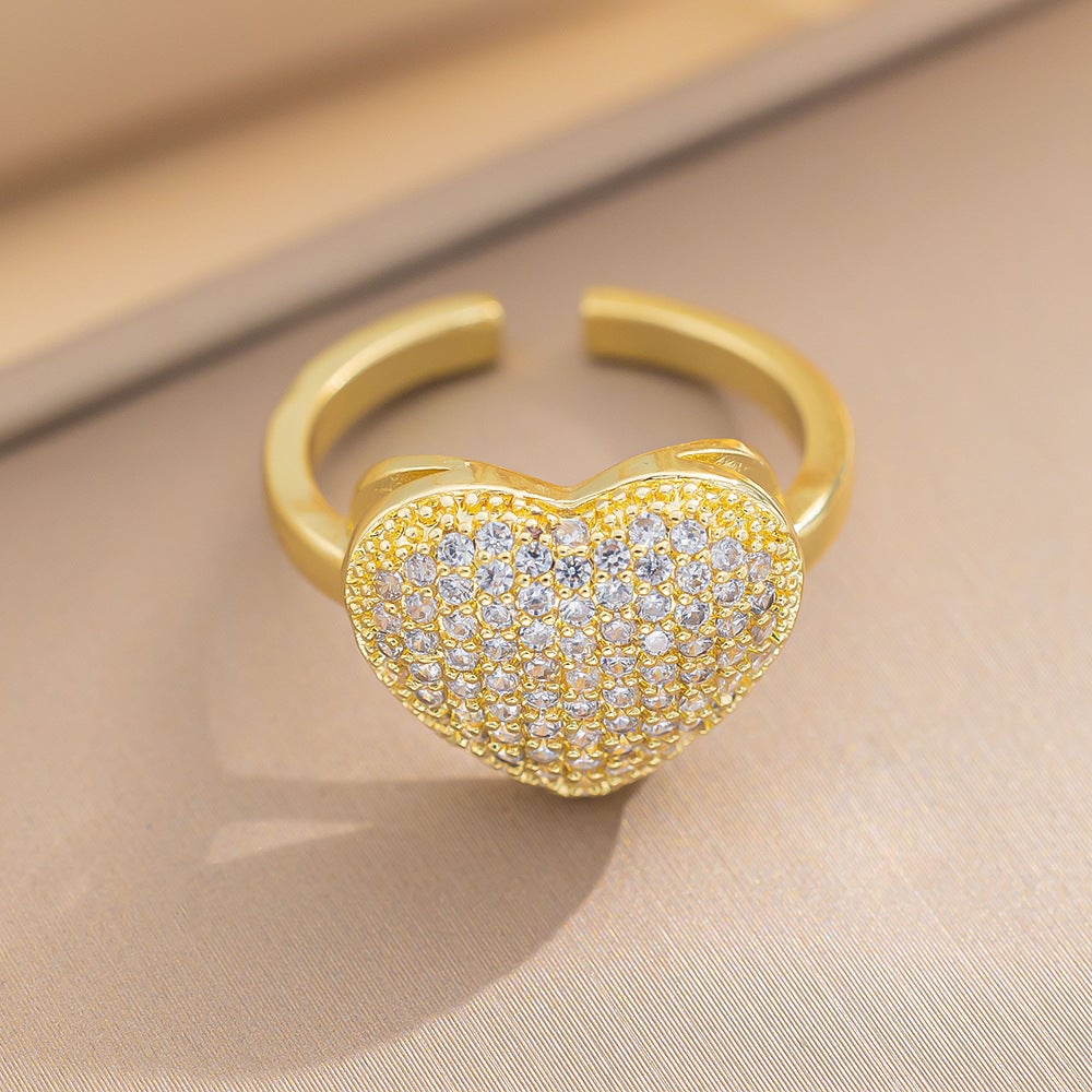 Fashion Zircon Love Ring Female Ins Design Niche High-End Open Ring