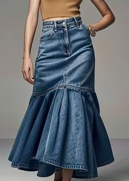 French Blue Wrinkled High Waist Fishtail Skirt Summer