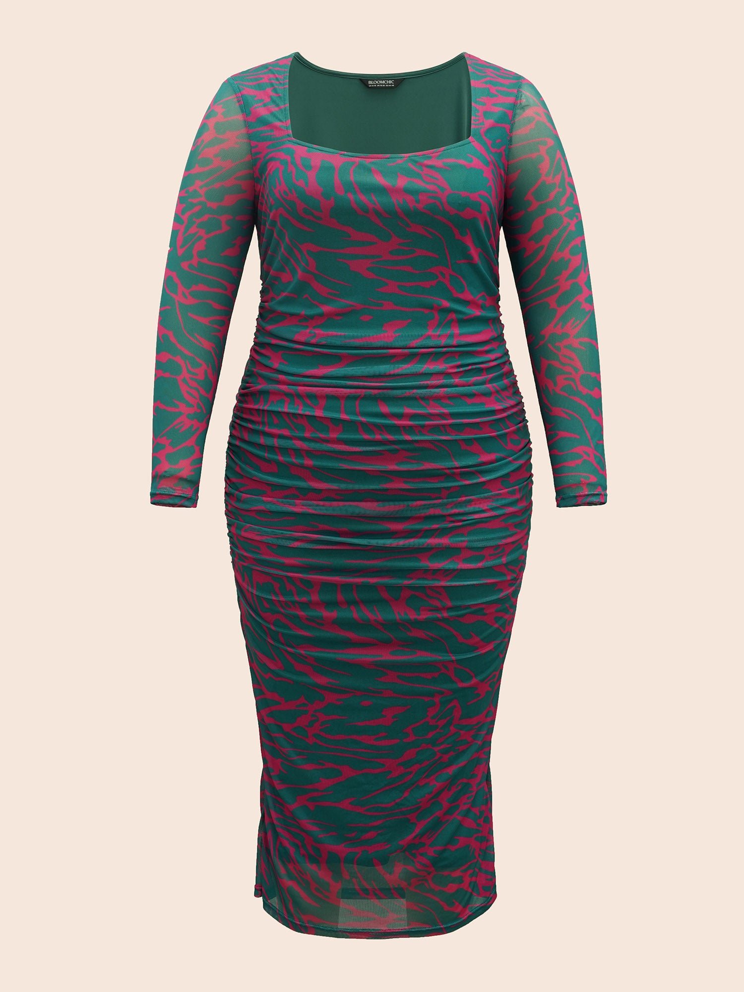 Square Neck Geometric Mesh Ruched Dress