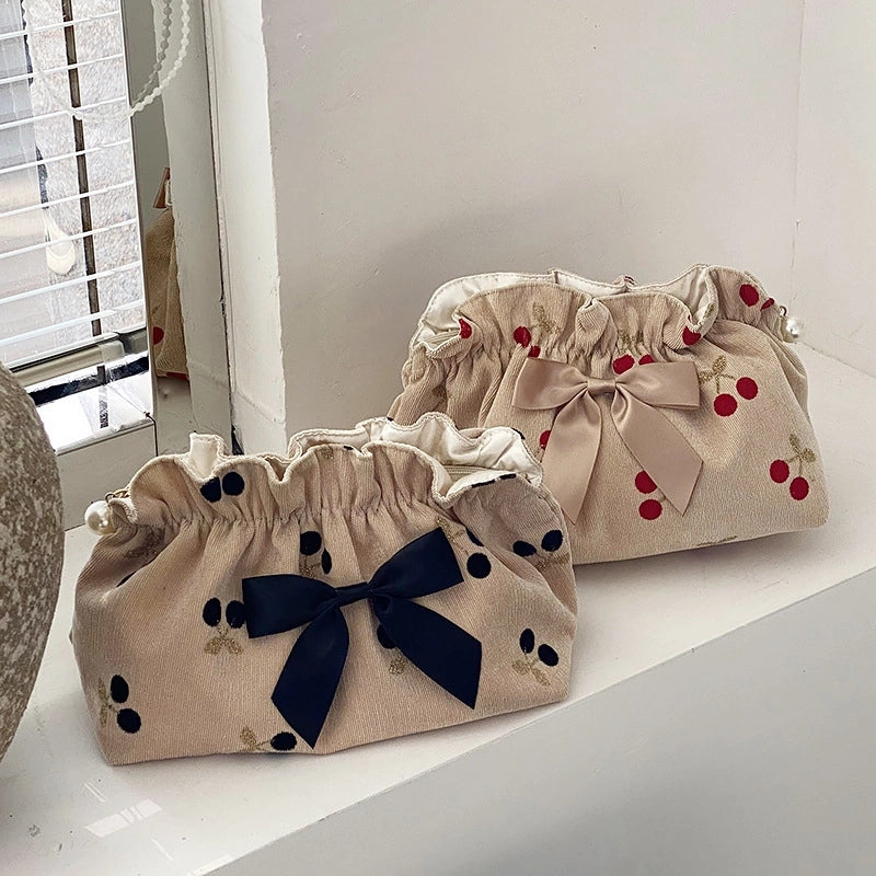 Cosmetic Bag Girls' New Large Capacity Evening Bag Travel Portable Bag Corduroy Cherry Storage Bag
