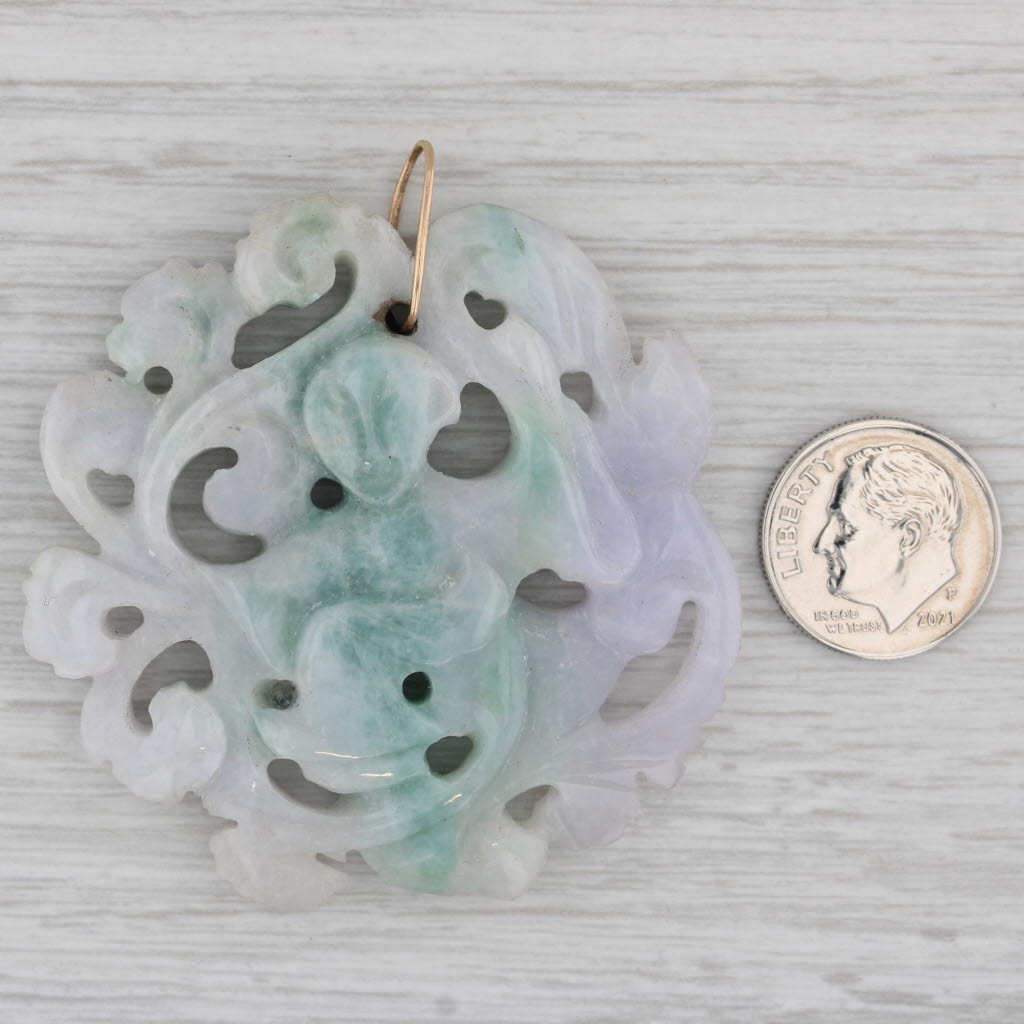 Figural Carved Green Jadeite Jade Pendant 14k Gold Medallion Asian Jewelry