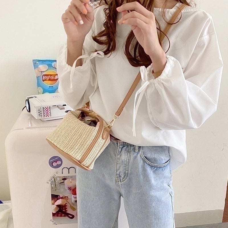 Women's Small Straw None Streetwear Weave Bucket Zipper Women's Handbag Square Bag