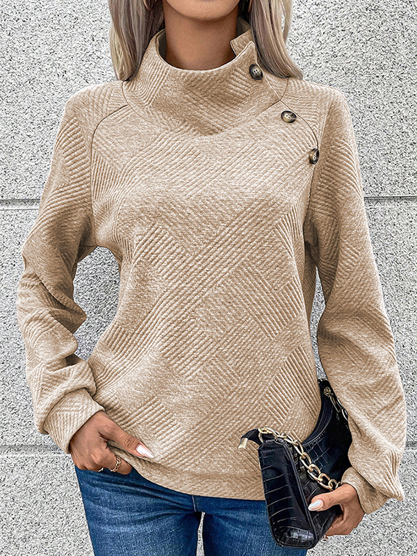 Long Sleeves Loose Asymmetric Buttoned Solid Color Split-Joint Mock Neck Sweatshirt Tops