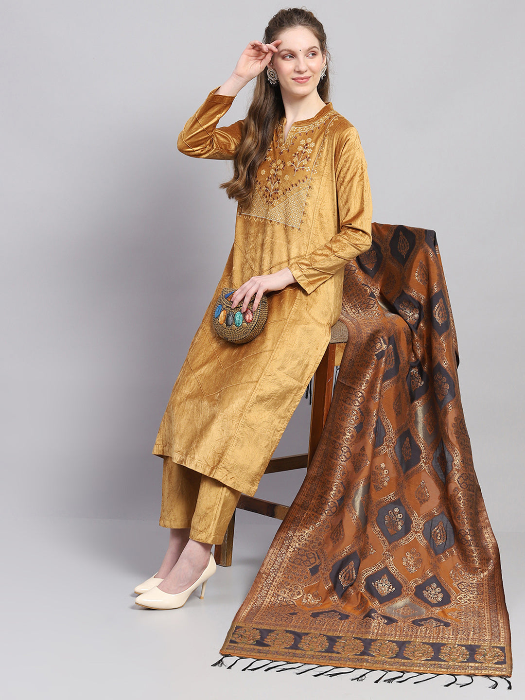 Women Mustard Embroidered Round Neck Full Sleeve Kurti Set with Stole