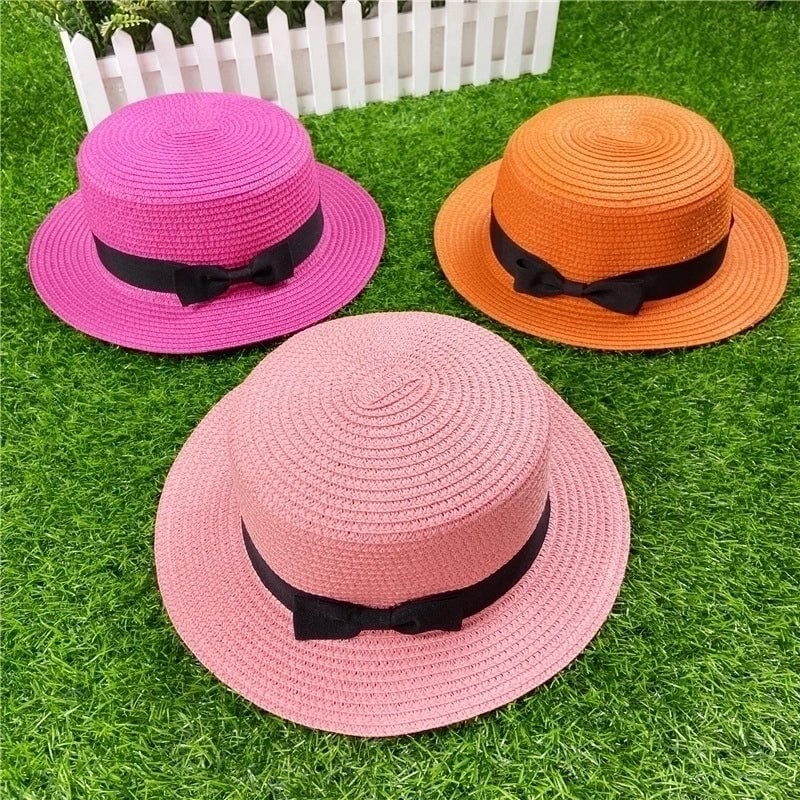 Straw Hat Shading Hat Summer Flat-brimmed Bow Straw Flat Top Hat