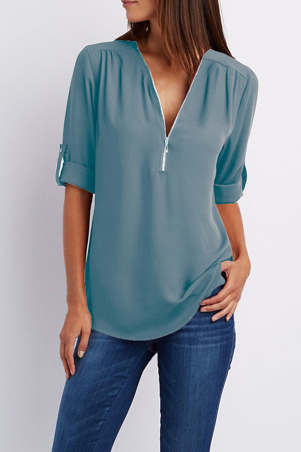 V Neck Zipper Patchwork Plain Blouses