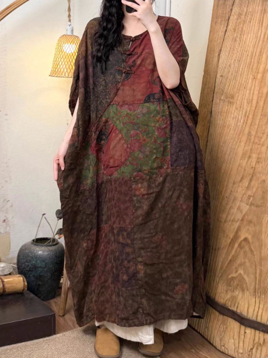 Women Summer Vintage Flower O-Neck Linen Cotton Dress