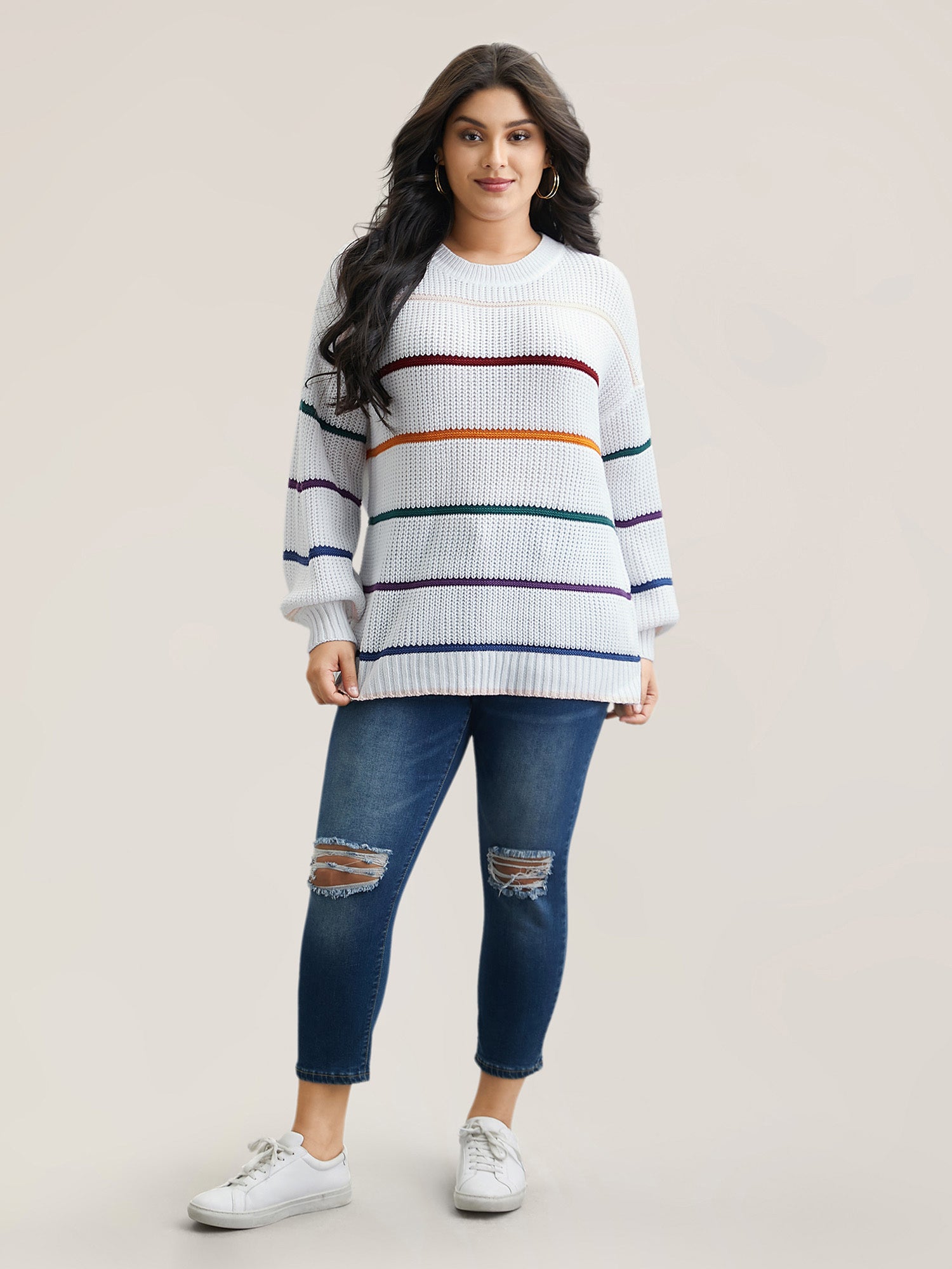 Multi-Color Textured Balloon Sleeve Pullover