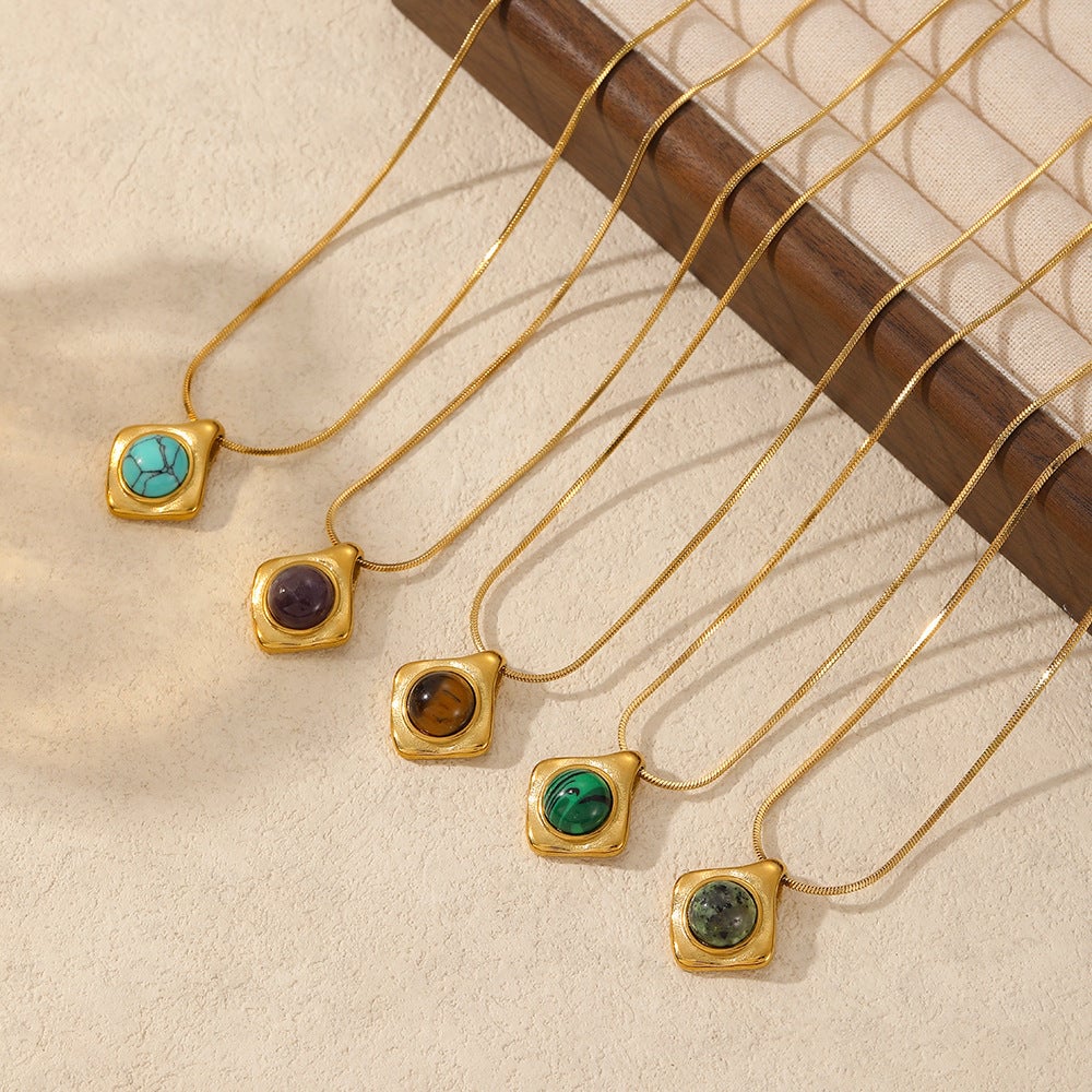 French Retro Style Tiger Eye Turquoise Natural Stone Pendant Necklace Stainless Steel 18K Gold Plated Clavicle Chain