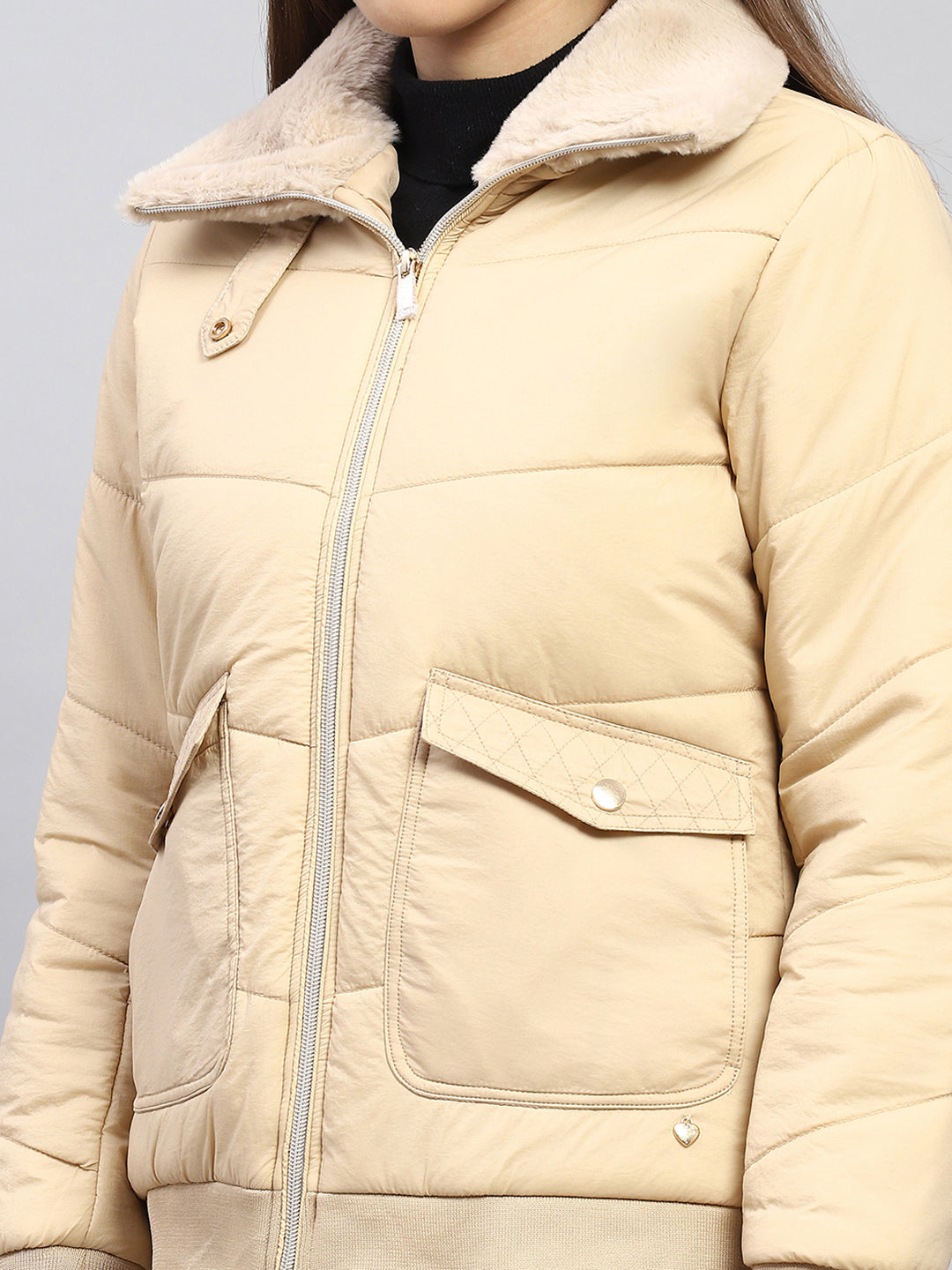 Women Beige Self Design Collar Full Sleeve Jacket