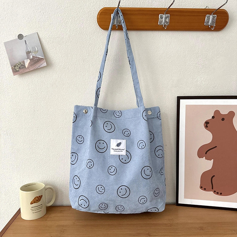 Women's Large Corduroy Smile Face Streetwear Square Magnetic Buckle Handbag