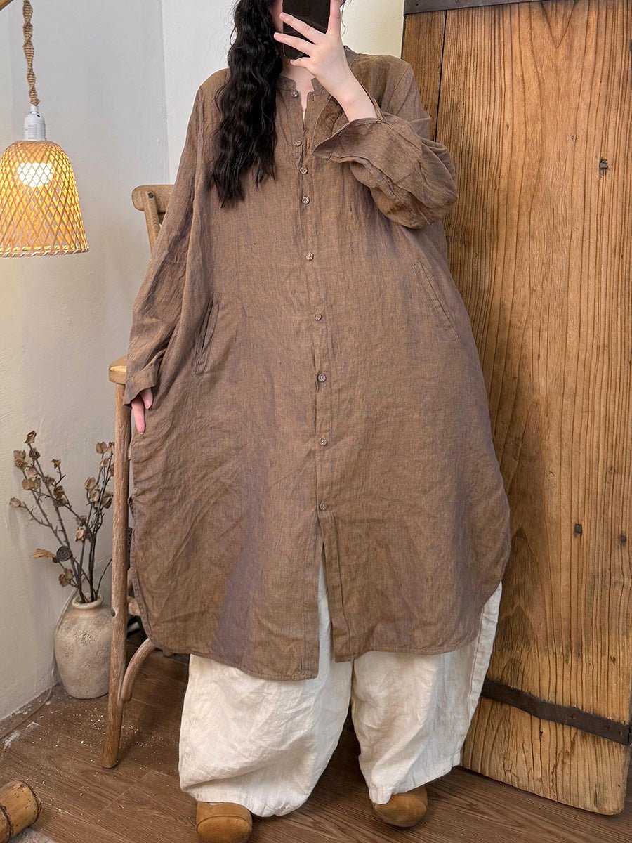 Women Summer Retro Pure Color Stand Collar Linen Long Shirt